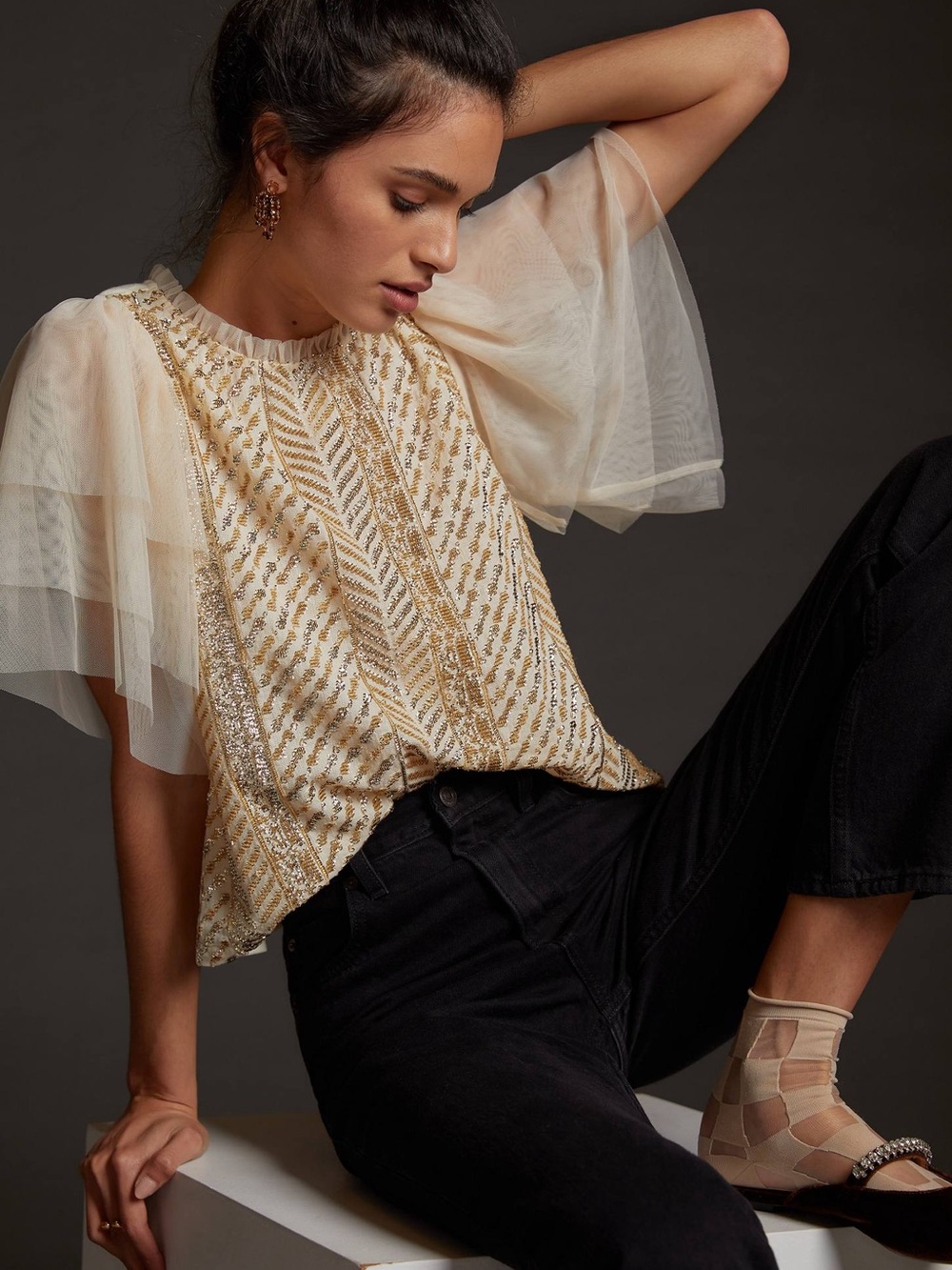 Anthropologie Let It Be Sequined Embroidered Puff-Sleeve Blouse Size xs